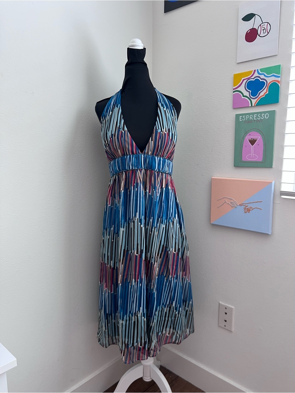 Y2K Blue Beaded Halter Dress – Empire Waist Cocktail Party Dress – Size 10